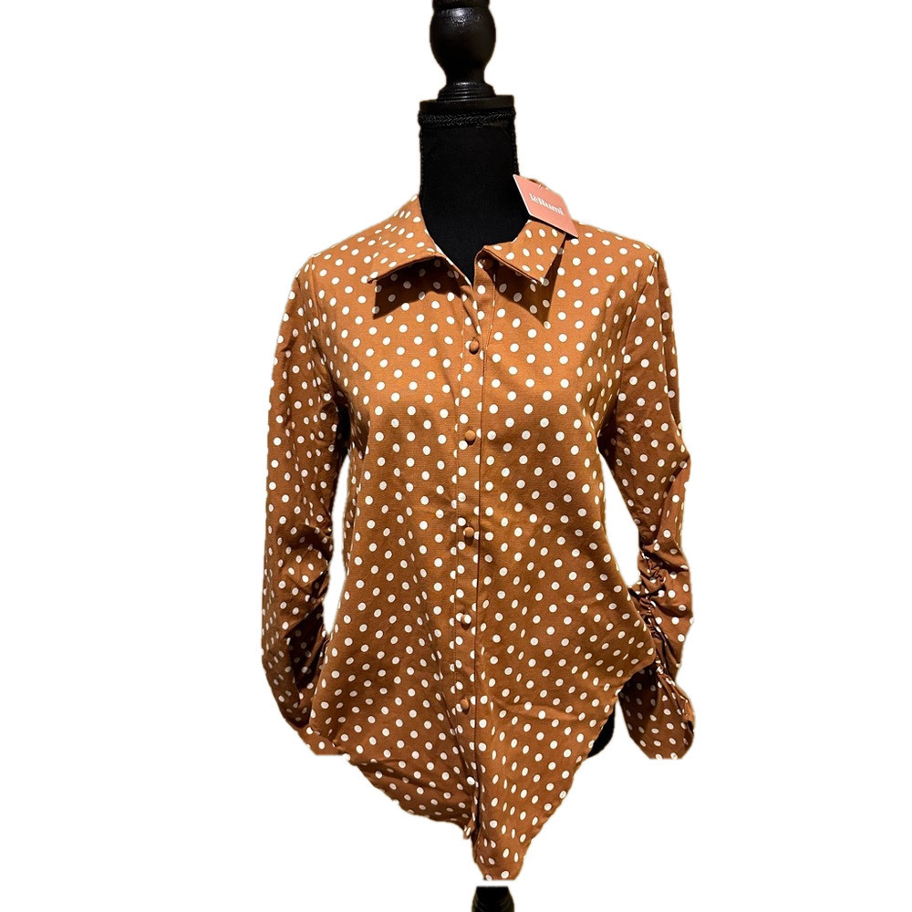 NWT LERUMI BROWN WHITE POLKA DOT LONG RUNCH SLEEVE DETAIL BUTTON DOWN TOP - Picture 2 of 5